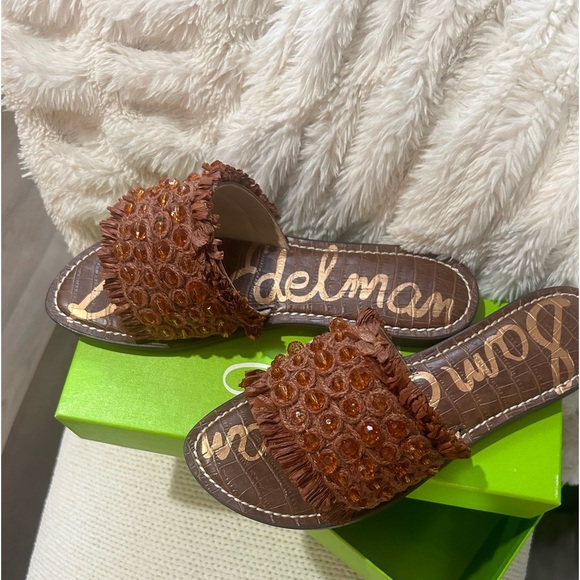Sam Edelman Gladys, Cuoio Raffia Slides Golden Brown and Black - Picture 1 of 5
